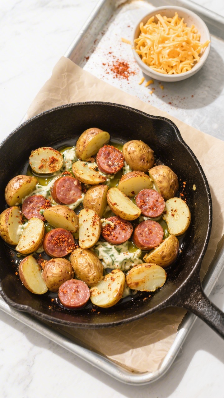 Overhead ingredient-to-finish “sheet-to-skillet” tableau: quartered baby potatoes and thick coins of smoked sausage tossed with olive oil, ranch seasoning, and paprika on a parchment-lined sheet pan, some pieces transferred into a waiting skillet to suggest the shortcut method; a small bowl of shredded cheddar nearby ready to sprinkle, visible seasoning dust on the potatoes, vibrant golden-brown edges starting to form; bright, high-key lighting with crisp shadows for a modern, weeknight-friendly vibe.