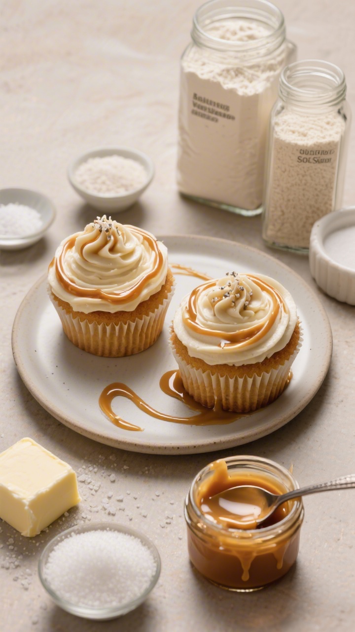 Overhead ingredient-to-finish narrative for Vanilla Cupcakes with Salted Caramel Swirl: a flat lay showing two finished cupcakes with glossy salted caramel ribbons marbled into the frosting, alongside components arranged neatly—all-purpose flour, baking powder, baking soda, fine sea salt, unsalted butter, granulated sugar, and a small jar of homemade caramel with a spoon showing a drip. Warm tones, matte ceramic plates, subtle caramel smears for movement, professional styling emphasizing the swirl and sheen.