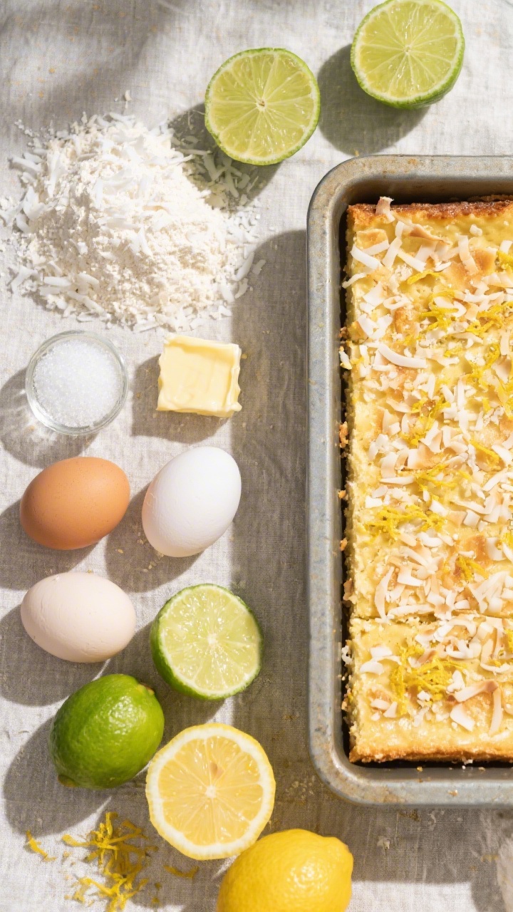 Overhead ingredient-to-finish story for Coconut-Lime Lemon Bars: left side shows raw components neatly arranged—unsweetened shredded coconut, all-purpose flour, granulated sugar, fine sea salt, melted unsalted butter, three eggs, limes and lemons (halved and zested). Right side shows baked bars in pan with a toasty coconut topping, edges golden, citrus zest sprinkled over. Vibrant, tropical mood with green-lime and yellow-lemon accents, natural daylight, textured linen, no people, clean and appetizing.