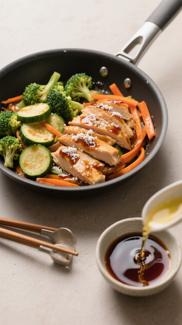 Overhead ingredient-to-pan transition for teriyaki chicken veggie stir fry with super-glossy sauce: neat piles of thinly sliced chicken breast dusted with cornstarch and soy, broccoli florets, half-moons of zucchini, and julienned carrot arranged beside a heated skillet; a small bowl of thick, mirror-shine teriyaki sauce ready to pour, neutral oil shimmer in the pan; neutral-toned background, organized mise en place with chopstick tongs, emphasis on vibrant green broccoli, orange carrot ribbons, and the ultra-glossy sauce