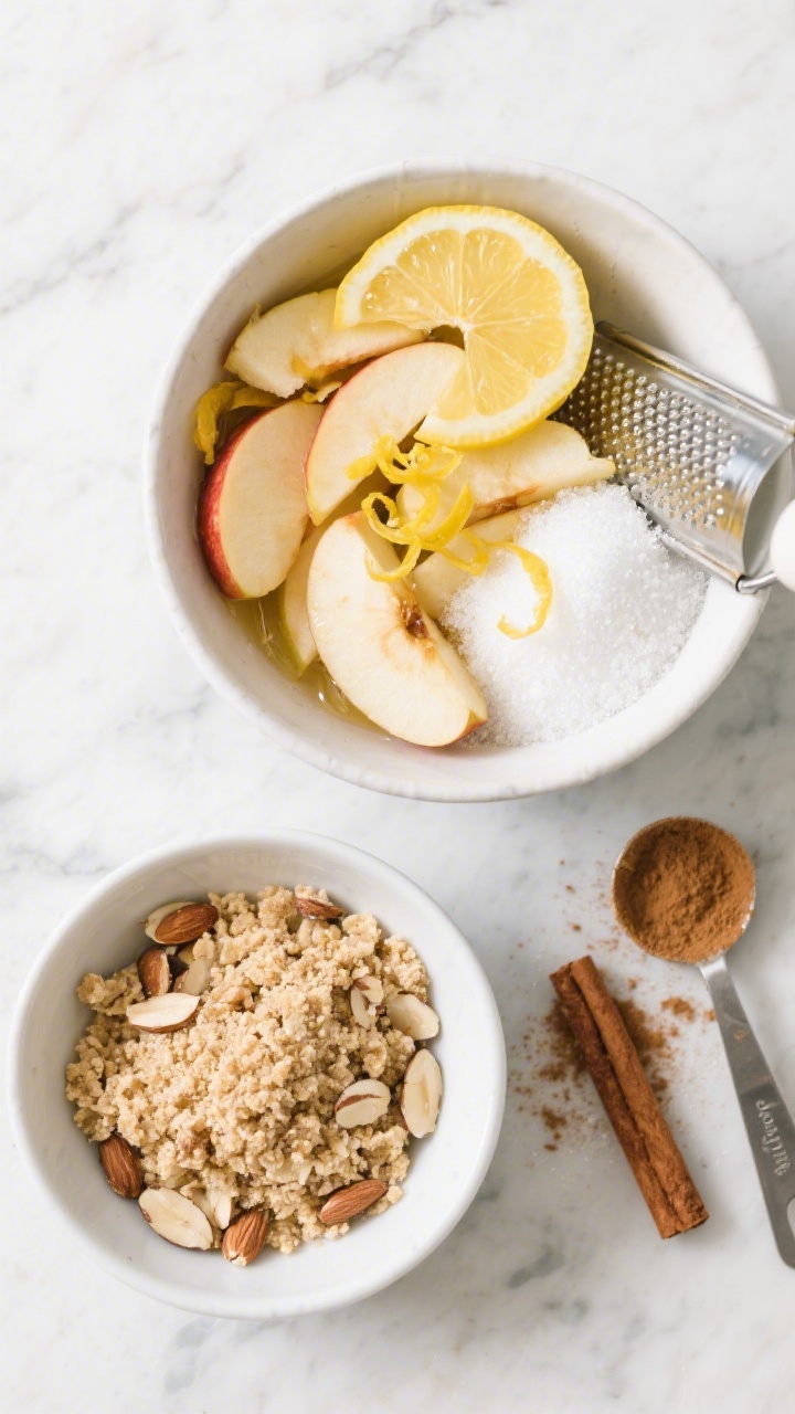 Overhead ingredients-and-assembly flat lay for Gluten-Free Almond Crumble With Lemon Zest: a mixing bowl of peeled and sliced apples tossed with lemon juice, lemon zest curls, granulated sugar, cornstarch (or arrowroot) and cinnamon; separate bowl of almond-based crumble topping (almond flour and sliced almonds visible) ready to scatter; bright, clean scene on a pale marble surface with a microplane, measuring spoons dusted with cinnamon, and a zesty, fresh mood highlighting gluten-free simplicity and citrus aroma.