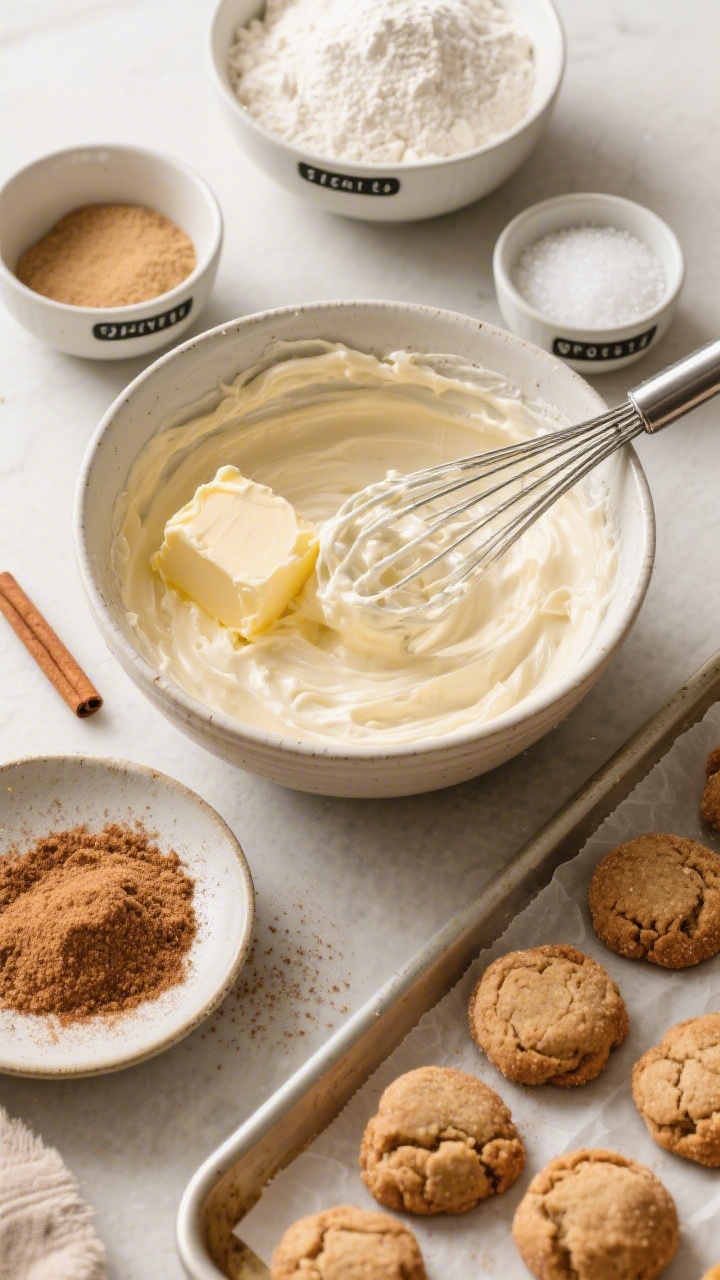 Overhead ingredients-and-process scene for no-chill cinnamon sugar softies (snickerdoodle energy): a mixing bowl with creamed 3/4 cup (170 g) unsalted butter and 1 cup (200 g) granulated sugar, a whisk coated in the mixture, and a separate shallow dish of cinnamon sugar ready for rolling. Nearby are measured 2 1/4 cups (280 g) all-purpose flour, baking powder, baking soda, and fine sea salt in labeled pinch bowls. Include dough balls already rolled in cinnamon sugar on a parchment-lined tray, with a few baked cookies showing craggy, soft centers. Warm tones and cozy feel.