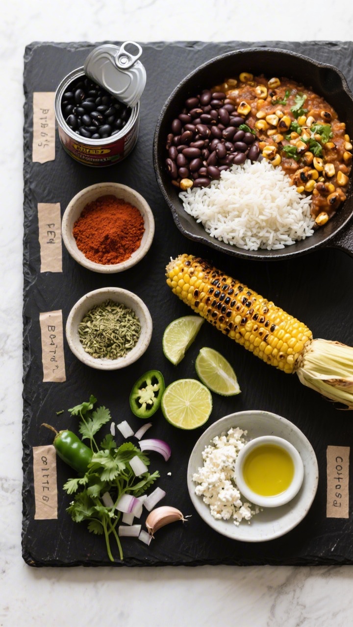 Overhead ingredients flat lay for a budget bean-and-rice skillet with street-corn vibes: small bowls of chili powder, ground cumin, and coriander; diced onion, minced jalapeño, minced garlic; a can of black beans (opened, rinsed beans in a bowl), uncooked long-grain white rice, vegetable oil in a small dish; a cob or kernels of charred corn for street-corn flair; lime wedges, crumbled cotija, and cilantro ready for garnish; arranged neatly on a matte black board with labeled parchment tags, crisp studio light for clarity.