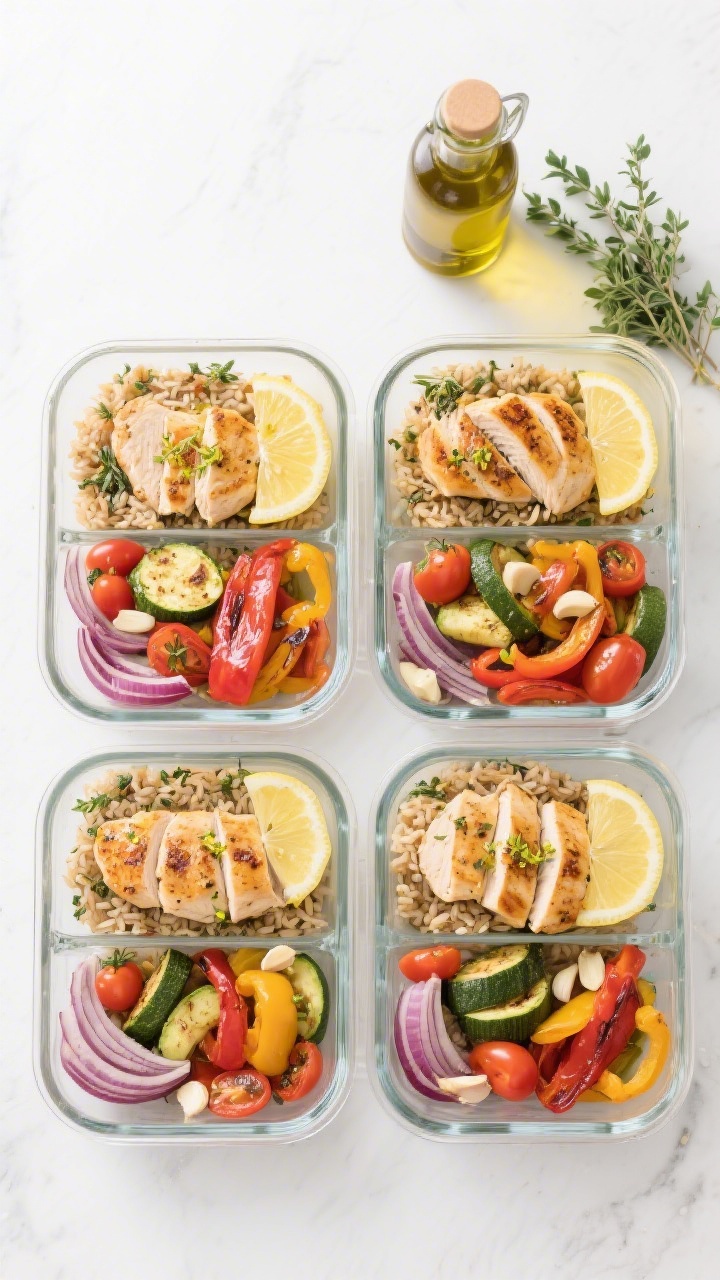 Overhead meal-prep layout for the Roasted Veggie Confetti Greek Chicken Bowl: four glass meal-prep containers neatly filled—sliced roasted chicken breasts (marinated with olive oil, lemon zest and juice, minced garlic, dried oregano, ground coriander, kosher salt) alongside colorful roasted peppers, red onion, zucchini, and cherry tomatoes; a compartment of herbed brown rice and a wedge of lemon in each; olive oil bottle and oregano sprigs nearby; bright, clean studio lighting for a fresh, organized look.