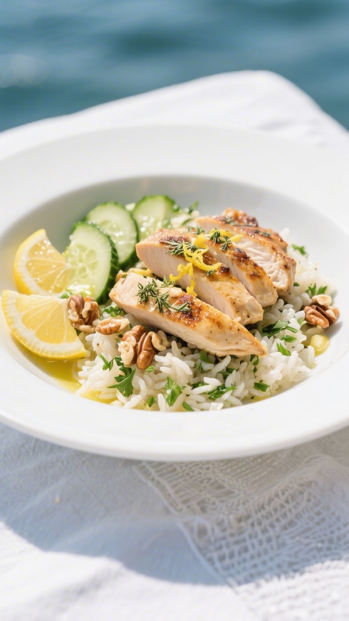 Overhead Mediterranean bowl with Lemon-Garlic Chicken: strips of chicken (thighs or breasts) pan-seared in olive oil with minced garlic, lemon zest and juice, dried oregano, and kosher salt, set over herby rice flecked with chopped parsley. Add crunchy elements: sliced cucumbers and a sprinkle of toasted nuts or seeds for texture. Finish with a drizzle of olive oil and extra lemon zest. Clean white plate on a sunlit linen, bright and fresh coastal mood, crisp highlights, no people.