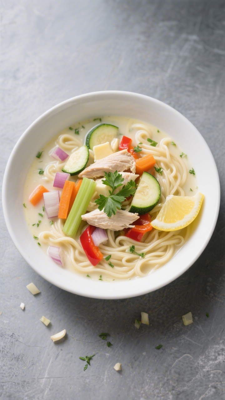 Overhead plated presentation of a lightened yet luxurious creamy chicken noodle soup in a wide white bowl: diced onion, celery, carrots, red bell pepper, and half-moon zucchini pieces adding vibrant color; ribbons of noodles in a glossy, lighter cream broth made with olive oil and butter; minced garlic and a pinch of herbs speckling the surface; bright, fresh styling with lemon wedge and parsley garnish on a cool slate surface to convey a veggie-forward glow-up.