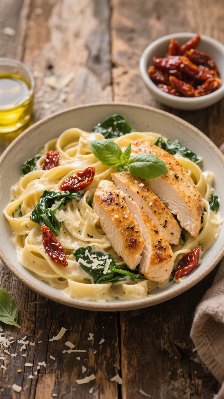 Overhead plated shot: A bowl of Tuscan creamy garlic chicken pasta with fettuccine, golden seared chicken breast slices seasoned with kosher salt, black pepper, and Italian seasoning, ribbons of pasta coated in a velvety cream-garlic sauce, scattered sun-dried tomato strips and wilted spinach, garnished with fresh basil and a light grate of Parmesan; warm, rustic Italian mood on a worn wooden table with a small bowl of sun-dried tomatoes and a drizzle of olive oil nearby, soft natural side light, shallow depth for appetizing gloss.
