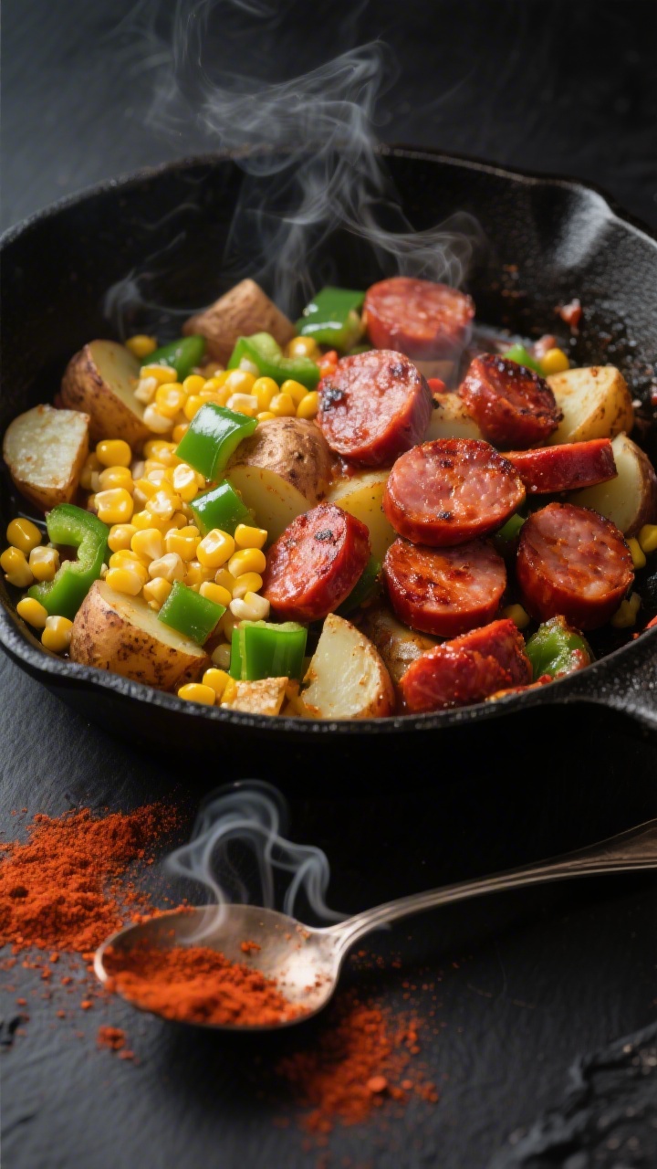 Overhead process shot capturing a smoky paprika and green chili skillet mid-cook in a black pan: sliced smoked sausage/chorizo-style pieces seared with paprika-red hue, small diced russet potatoes turning tender, bright yellow frozen corn kernels, and diced green bell pepper; a spoon dusted with smoked paprika resting nearby, curls of steam and a slight char on some potatoes, bold contrast lighting to emphasize paprika reds and corn yellows on a matte charcoal background.