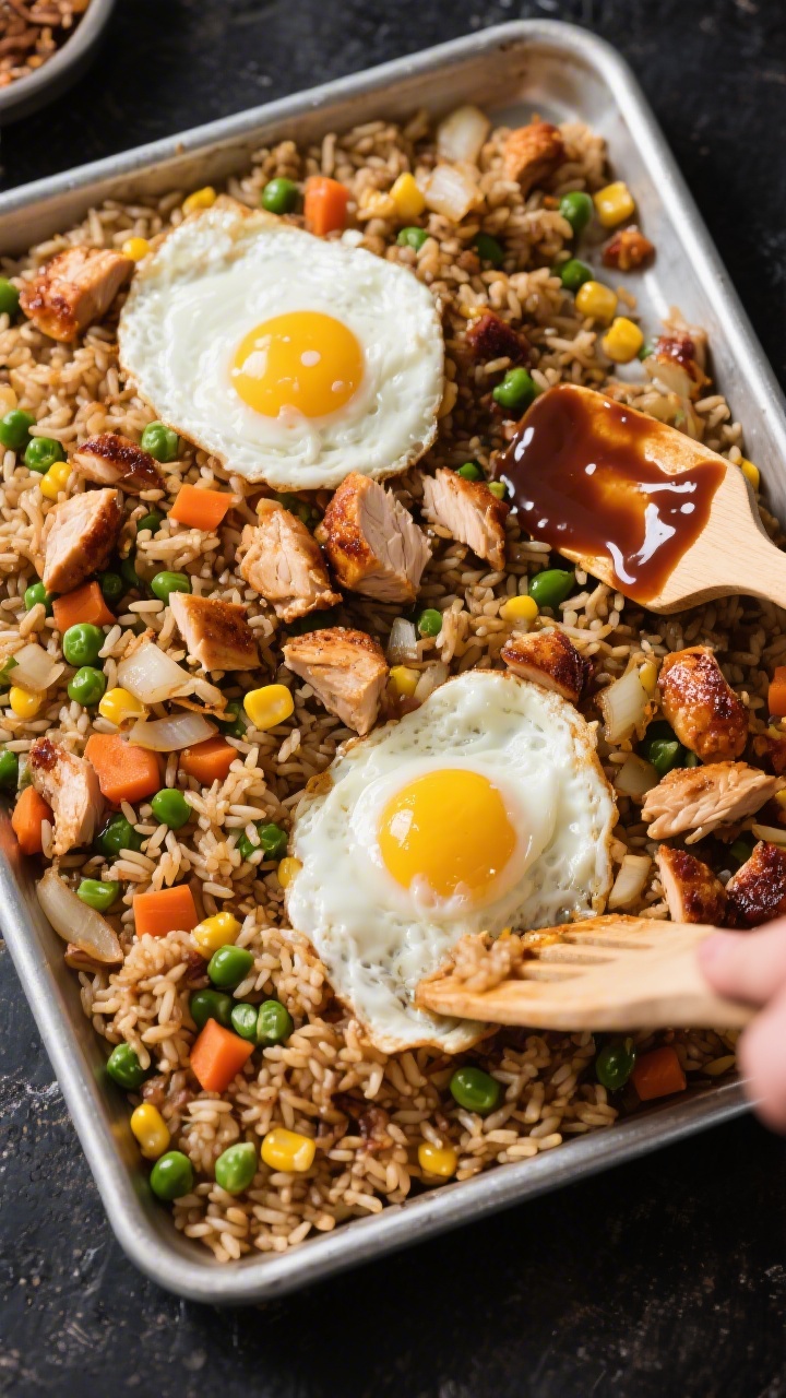 Overhead sheet-pan action shot of Crispy BBQ Chicken Fried Rice: a metal sheet pan filled with day-old long-grain rice studded with diced cooked chicken, mixed frozen vegetables (peas, carrots, corn), and diced yellow onion, bits turning crispy-golden at the edges; two sections show just-scrambled eggs being folded in with a spatula, glossy BBQ sauce streaked across part of the pan ready to be tossed; high-contrast, crisp look with browned, toasty rice grains and vibrant veggies on a dark baking sheet