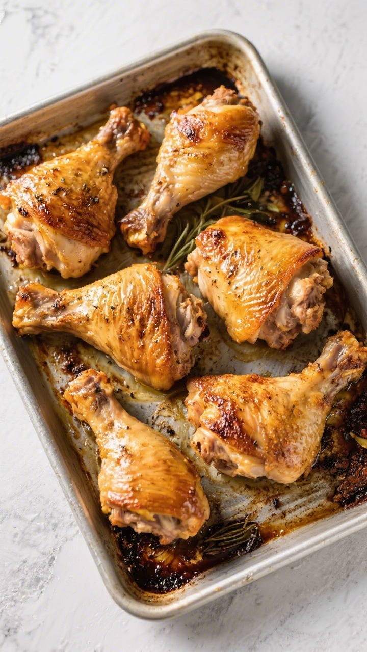 Overhead sheet-pan shot: golden, bone-in skin-on chicken thighs (4–6 pieces) roasted alongside