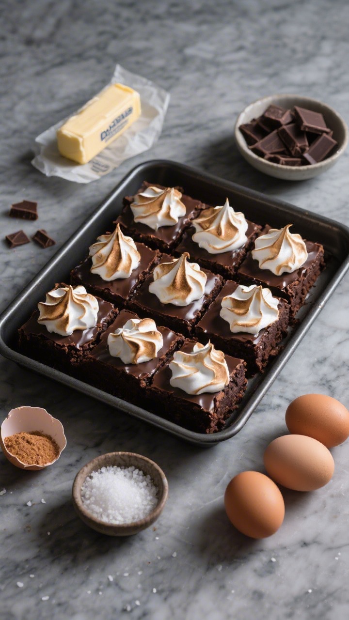 Overhead shot: A glossy tray of Midnight-Gloss Classic Fudgy Brownies with crackly, paper-thin meringue tops, sliced into neat squares with fudgy interiors visible at the cuts. Include key ingredients styled around the pan on a cool gray marble surface: a stick of unsalted butter with wrapper partly open, chopped semisweet chocolate pieces, bowls of granulated sugar and light brown sugar, three room-temperature eggs with shells nearby, and a small bowl of flaky salt for contrast. Soft side light to highlight the shiny, crinkled top and dense texture; minimalist props, dark moody tone.