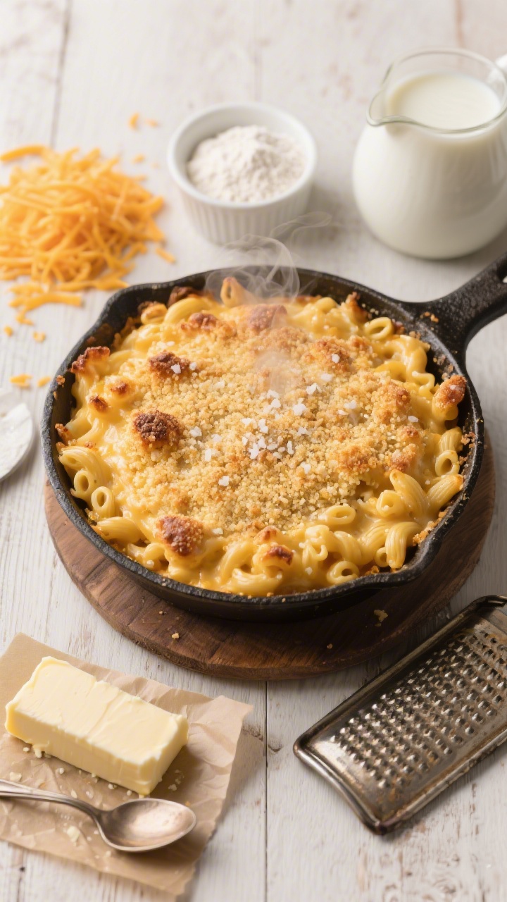 Overhead shot: A golden-brown baked mac and cheese in a cast-iron skillet, topped with an evenly toasted crispy breadcrumb layer, coarse sea salt flecks, and a few browned edges of pasta peeking through. Visible ingredients styled around the skillet: a small pile of freshly grated sharp cheddar, grated Gruyère, a stick of unsalted butter on parchment, a ramekin of all-purpose flour, and a warm jug of whole milk. Set on a light wood surface with a vintage cheese grater and a serving spoon, steam subtly rising to emphasize creamy interior under the crunchy top.