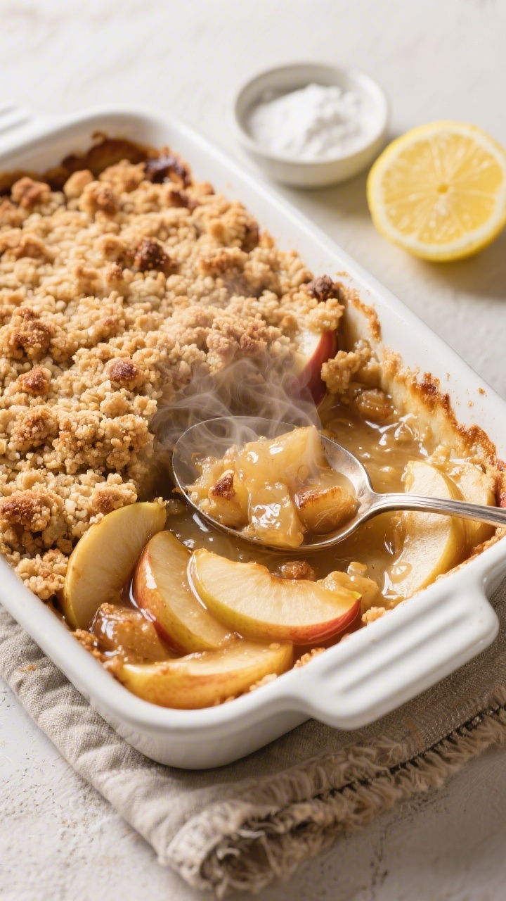Overhead shot of a bubbling Classic Apple Crumble just out of the oven in a white enamel baking dish: tender 1/4-inch apple slices glistening beneath a golden, nubbly crumble topping, hints of cinnamon and nutmeg visible on the fruit, steam rising, granulated and brown sugar–glossed edges caramelized, a small bowl of cornstarch and a halved lemon with a drizzle of juice off to the side, rustic linen and a metal serving spoon ready to scoop, bright, warm natural light emphasizing the crisp texture and saucy apple filling.