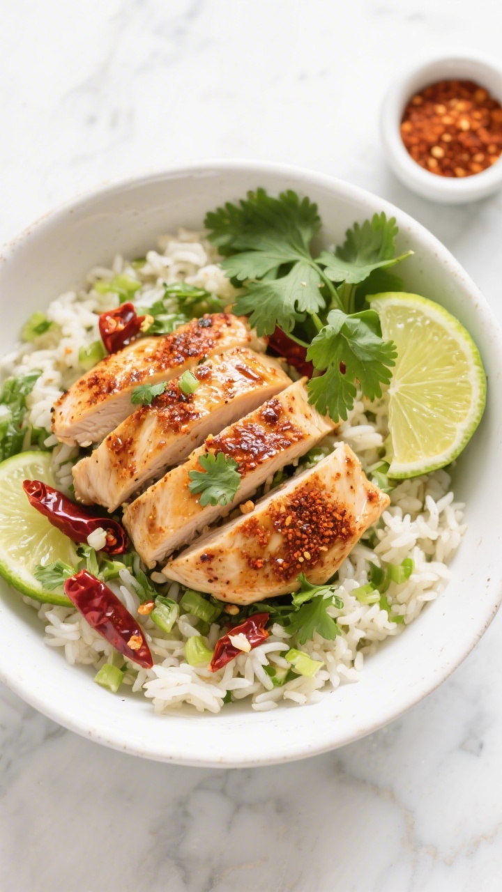 Overhead shot of a Chili-Lime Power Bowl: juicy seared chicken breast pieces rubbed with chili powder, smoked paprika, cumin, garlic powder, and kosher salt, nestled over fluffy cilantro-lime rice. Garnish with fresh cilantro, lime wedges, and a glossy olive oil sheen. Serve in a wide white ceramic bowl on a light marble surface with a small ramekin of chili-lime seasoning blend and a sliced lime off to the side. Bright, zesty mood, vibrant greens and deep red-chili tones, crisp textures, no people, professional studio lighting.