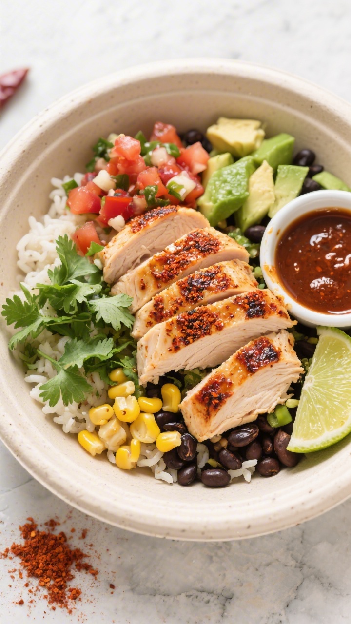 Overhead shot of a Chipotle-Lime chicken burrito bowl styled like fast-casual takeout: thinly sliced seared chicken breast with a smoky chili powder–cumin–smoked paprika rub, hints of garlic and onion powder, glistening from olive oil; served over cilantro-lime rice with black beans, pico de gallo, diced avocado, corn, and lime wedges; warm earthy reds and charred edges on the chicken, bright greens from cilantro and lime; presented in a neutral ceramic bowl on a light stone surface with a small ramekin of chipotle-lime sauce and scattered chili powder for mood, crisp and appetizing, professional lighting, no people.