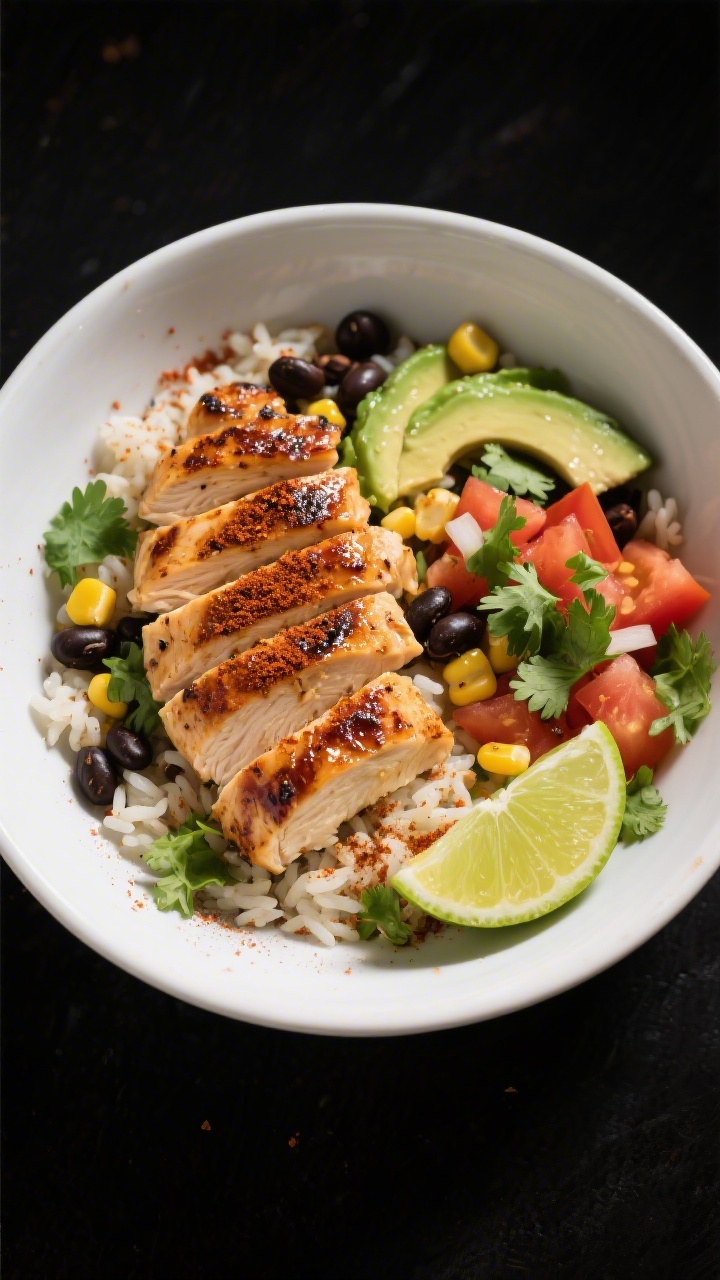 Overhead shot of a Classic Chipotle-Style Power Bowl: juicy grilled chicken breasts sliced and fanned over cilantro-lime rice with black beans, corn, diced tomatoes, and avocado, dusted with chipotle chili powder, smoked paprika, cumin, garlic powder, and onion powder. Light char on the chicken, glossy olive oil sheen, lime wedges on the side, sprinkled chopped cilantro, served in a wide white ceramic bowl on a matte black surface for contrast; crisp, vibrant colors, professional studio lighting, no people.
