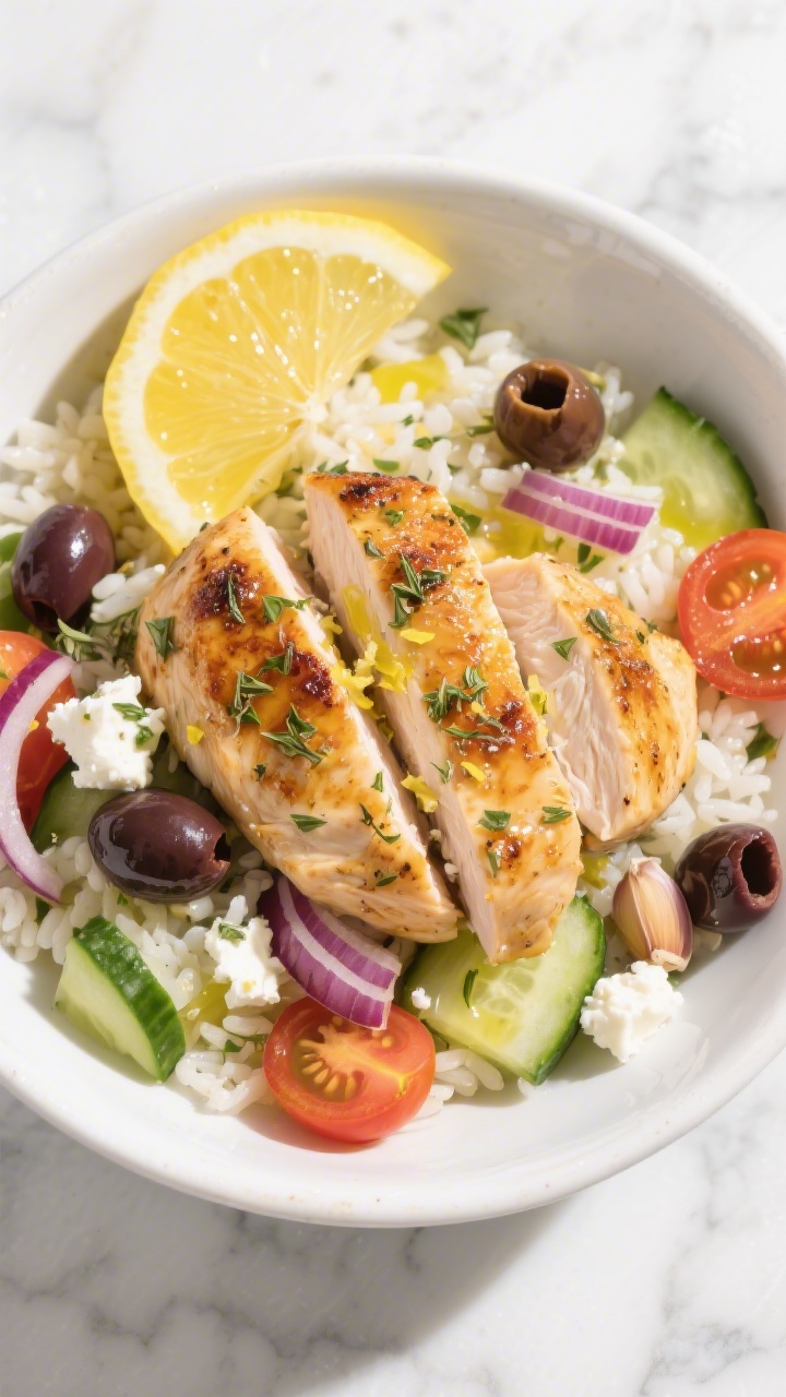 Overhead shot of a Classic Lemon-Herb Power Bowl: juicy seared chicken breast pieces glistening with extra-virgin olive oil, bright lemon zest and juice, minced garlic, and dried oregano over fluffy rice with cucumber, cherry tomatoes, kalamata olives, red onion, and feta, finished with a drizzle of olive oil and lemon wedges; crisp Mediterranean styling on a white ceramic bowl over a light marble surface, vibrant greens and yellows, clean shadows, no people.