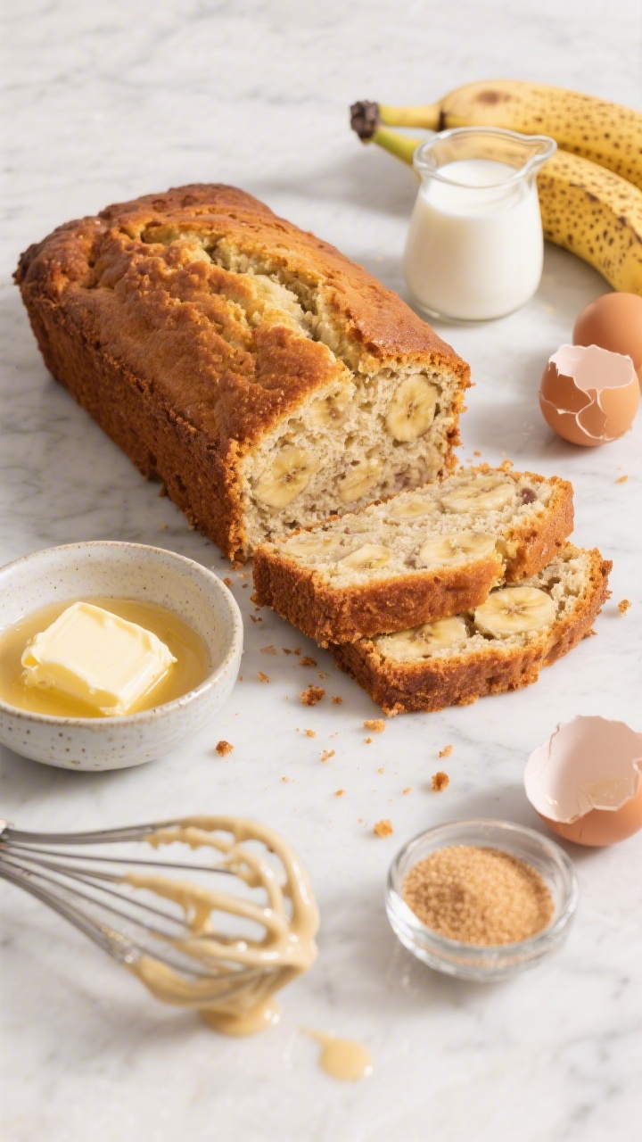 Overhead shot of a classic moist banana bread loaf just sliced on a light marble surface: golden-brown crust, tender crumb with visible mashed banana flecks. Style with a small bowl of melted unsalted butter, a ramekin of granulated sugar and light brown sugar, two cracked room-temp eggs in a glass dish, and a small pitcher with a splash of full-fat dairy (milk or yogurt) to reference the 1/3 cup. Include a whisk with sticky batter trails and a few ripe, speckled bananas. Soft morning light, neutral ceramics, crumbs scattered for appetizing texture.