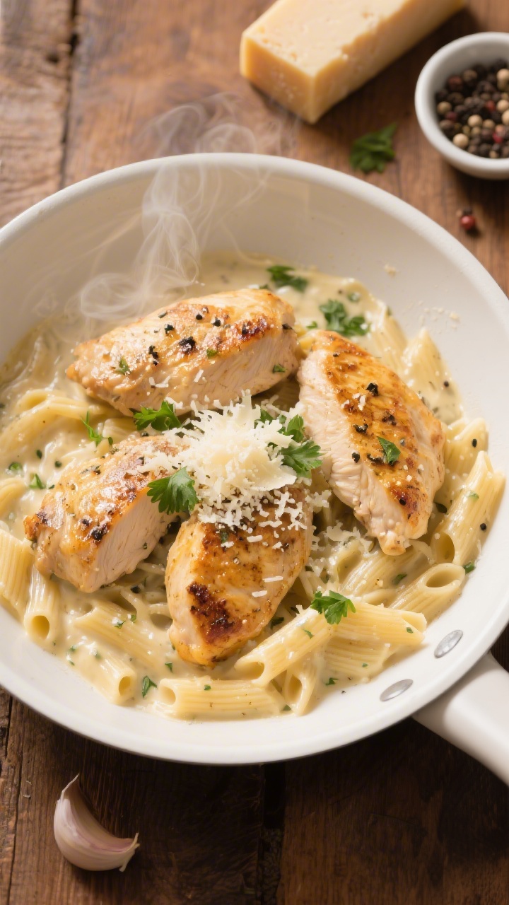 Overhead shot of a creamy garlic-Parmesan chicken pasta in a wide, shallow white skillet: golden seared boneless skinless chicken thigh pieces seasoned with kosher salt, black pepper, and Italian seasoning nestled in glossy cream sauce clinging to short pasta, freshly grated Parmesan snow on top, tiny flecks of black pepper and Italian herbs visible; olive oil sheen, steam rising, garnished with a few torn parsley leaves; styled on a warm wooden surface with a wedge of Parmesan and a small bowl of cracked pepper nearby. Mood: cozy, comforting, hug-in-a-bowl.