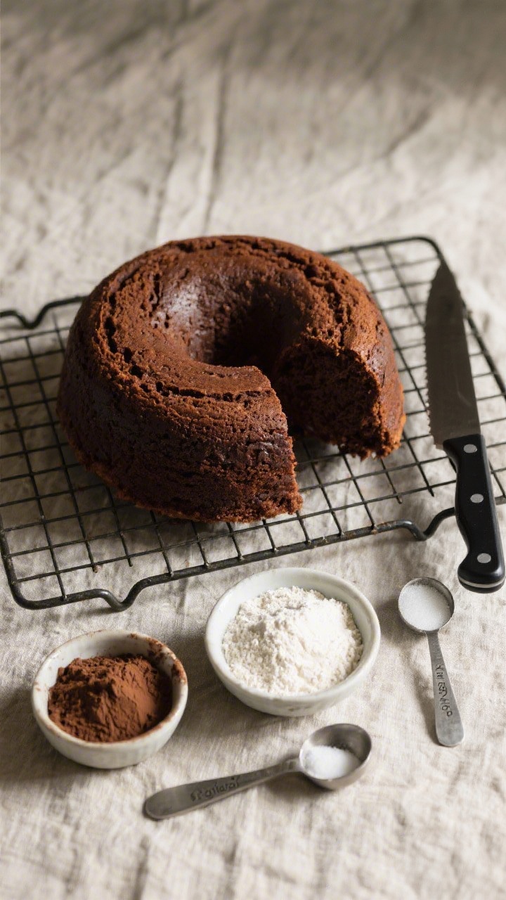 Overhead shot of a freshly baked classic one-bowl chocolate cake on a cooling rack, sliced to show a moist crumb. Style with small bowls of all-purpose flour, granulated sugar, unsweetened cocoa powder (natural and Dutch-process side by side), and measuring spoons labeled 1 1/2 tsp baking powder and 1 1/2 tsp baking soda. Neutral linen, matte black knife, light falling from the side, rich deep-brown cake center, no people, professional studio lighting.
