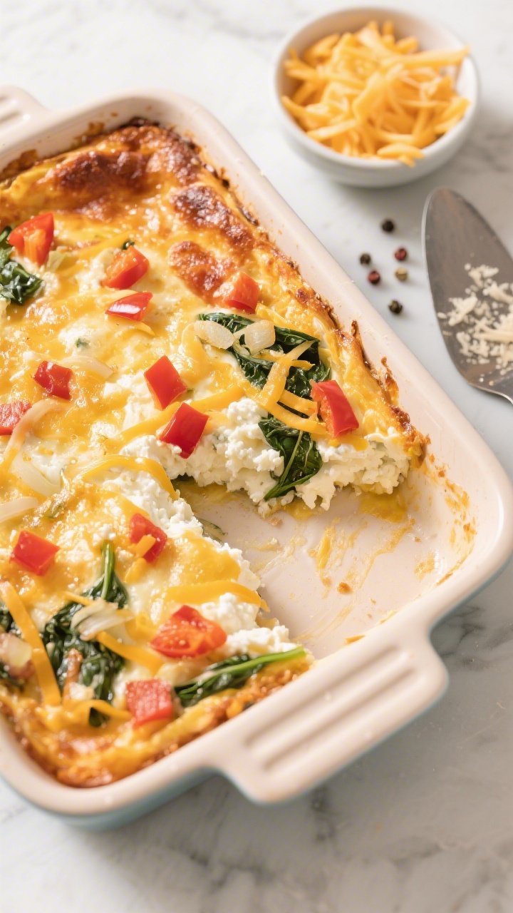 Overhead shot of a golden, just-baked classic cottage cheese egg bake in a square ceramic baking dish, slice removed to reveal fluffy curds of full-fat cottage cheese, melted sharp cheddar and Parmesan ribbons, red bell pepper dice, finely chopped yellow onion, and wilted baby spinach dispersed throughout; styled on a light marble surface with a metal spatula, a small bowl of shredded cheddar, grated Parmesan, and a scattering of fresh pepper; warm morning light, crisp focus on the custardy interior and browned, bubbly cheese top.