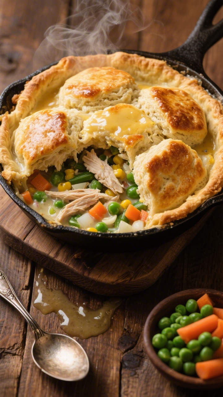 Overhead shot of a golden, rustic biscuit-topped chicken pot pie bake in a cast-iron skillet, the biscuits puffed and browned with butter-brushed tops, one scoop removed to reveal creamy filling with shredded chicken, frozen mixed vegetables (peas, carrots, corn, green beans), finely chopped onion, and flecks of minced garlic; steam rising, glossy gravy from butter-and-flour roux pooling slightly, styled on a warm wooden table with a vintage metal serving spoon and a small bowl of extra peas and carrots for color accents.