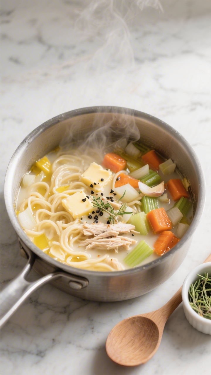 Overhead shot of a quick weeknight creamy chicken noodle soup simmering in a stainless saucepan: diced yellow onion, celery, and carrots glistening in butter and olive oil, minced garlic and dried thyme visible, steam rising from silky cream-tinted broth with tender egg noodles and shredded chicken, cracked black pepper sprinkled on top; styled on a light marble surface with a wooden spoon and a small ramekin of thyme nearby; bright, cozy lighting emphasizing the glossy, creamy texture and colorful veg.