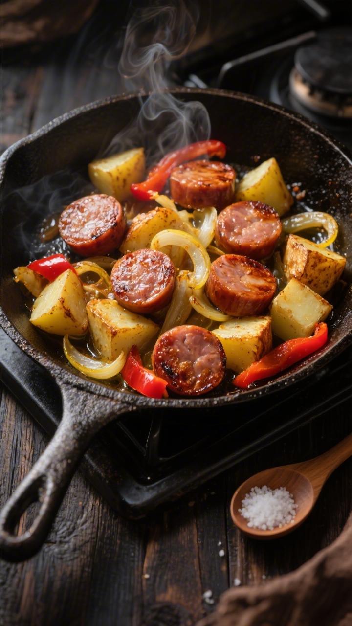 Overhead shot of a rustic cast-iron skillet on a stovetop with a golden-brown crust forming: sliced smoked kielbasa coins seared until caramelized, 3/4-inch Yukon gold potato cubes with crispy edges, sweet translucent ribbons of yellow onion, and scattered strips of red bell pepper for color; glistening with a light sheen of oil, browned fond visible, steam rising, warm moody lighting, styled with a wooden spoon and a small dish of coarse salt on a dark wood surface; no people.