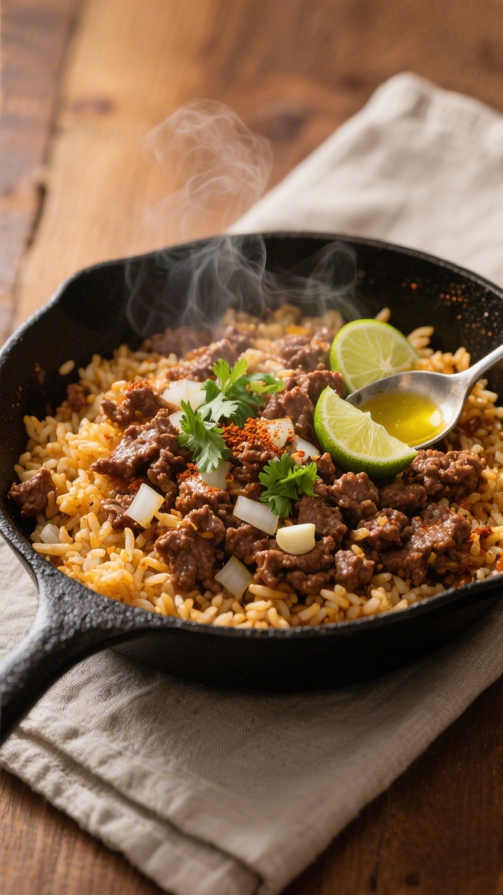 Overhead shot of a sizzling weeknight classic taco rice skillet in a black cast-iron pan: browned ground beef with diced onion and minced garlic, rice grains visible, seasoned with taco seasoning, glossy from a tablespoon of olive oil; garnished with a few lime wedges and cilantro for color, steam rising, styled on a warm-toned wooden surface with a neutral linen, professional lighting emphasizing the rich browns and golden rice, no people.