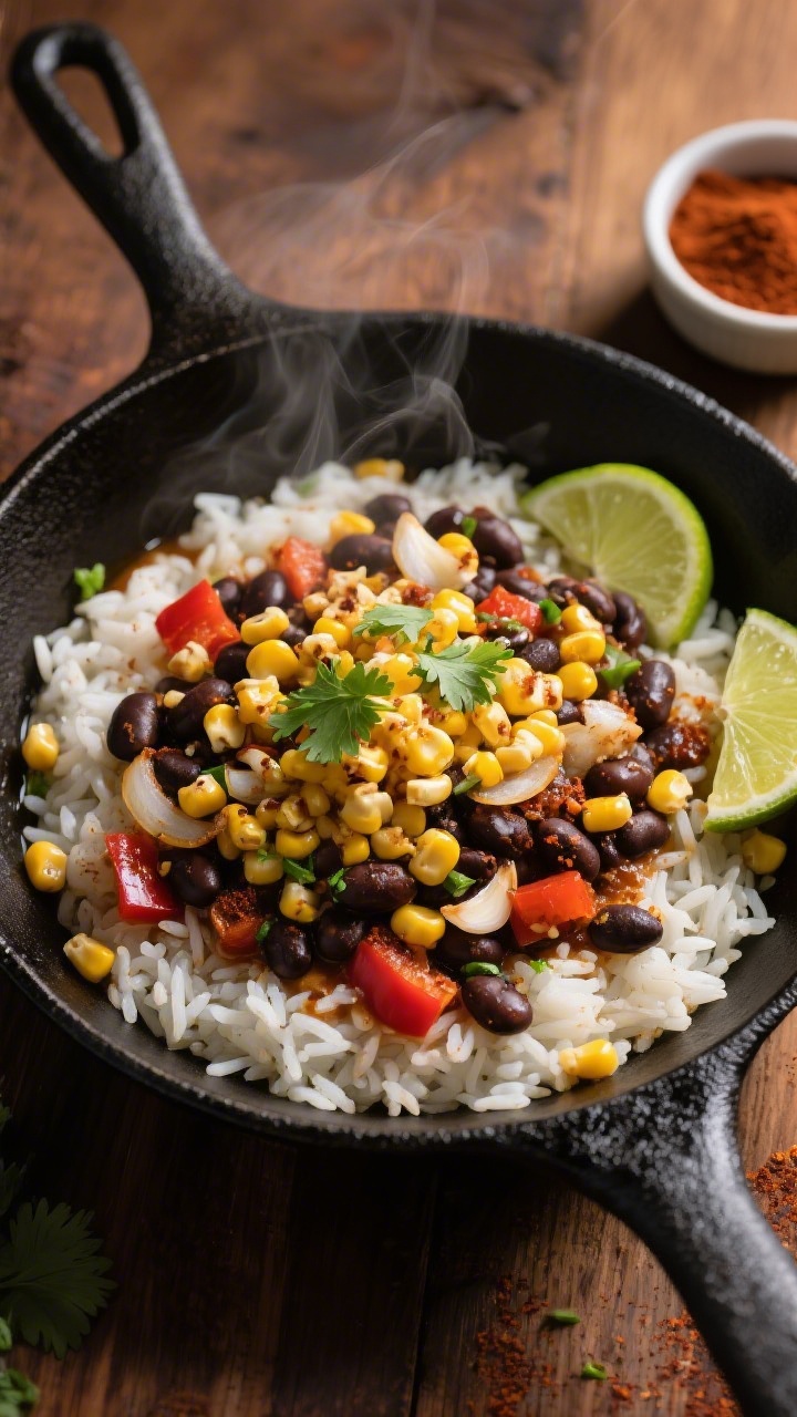 Overhead shot of a smoky chipotle bean and rice skillet just off the stove: long-grain white rice simmered in low-sodium vegetable broth, black beans from a 15-ounce can, diced yellow onion, red bell pepper, and minced garlic, all tinted with chipotle and smoked paprika heat. Finish with a vivid lime-corn crunch scattered on top—golden toasted corn kernels, fresh lime zest, and a sprinkle of chopped cilantro. Serve in a matte black skillet on a warm wooden surface with lime wedges and a small ramekin of chipotle powder; steam visible, high contrast, moody Southwest vibe.