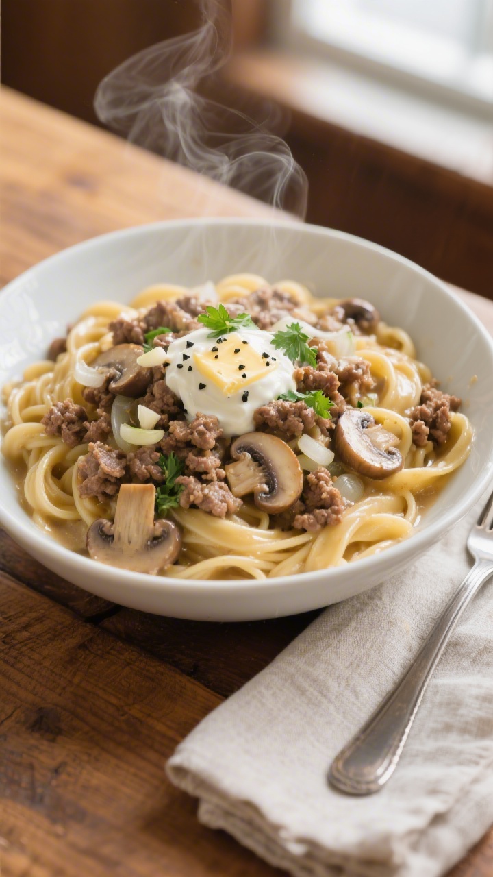 Overhead shot of a steaming bowl of Weeknight Classic Ground Beef Stroganoff over glossy egg noodles, coated in a silky sour-cream-mushroom sauce; visible crumbled ground beef (80–90% lean), sautéed cremini/button mushrooms, finely chopped onion, and flecks of minced garlic; butter sheen on the noodles; garnished with a sprinkle of fresh parsley and cracked black pepper; served in a wide white ceramic bowl on a warm wood table with a linen napkin, fork resting nearby; cozy, budget-friendly comfort-food mood, natural window light, shallow shadows.