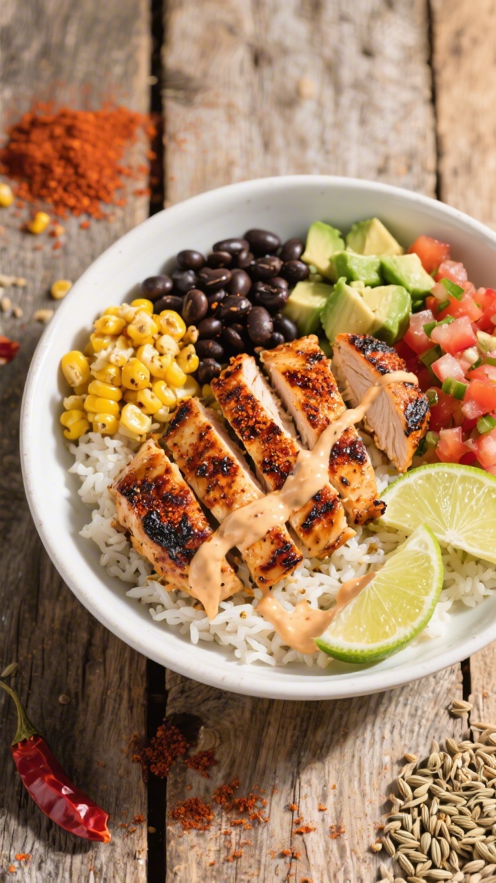 Overhead shot of a vibrant Street-Style Charred Chicken Burrito Bowl: juicy, well-charred boneless skinless chicken thighs seasoned with chili powder, ground cumin, smoked paprika, garlic powder, and onion powder, sliced over a base of fluffy rice, with fire-roasted corn, black beans, pico de gallo, diced avocado, lime wedges, and a drizzle of creamy sauce; styled in a wide white bowl on a rustic wooden table with scattered chili powder and cumin seeds, bright natural light emphasizing the char and smoky edges.