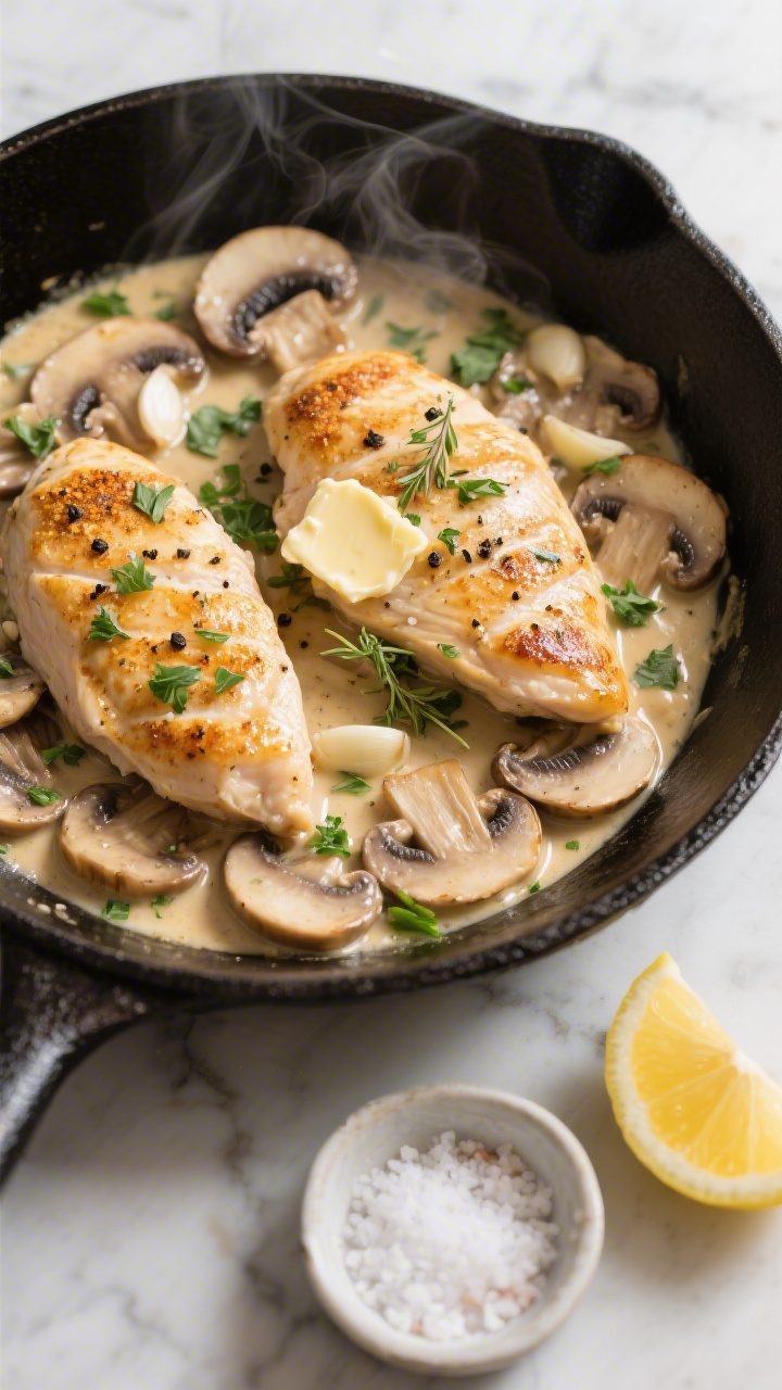 Overhead shot of a weeknight creamy mushroom chicken skillet just finished on the stovetop: golden seared thin chicken breast cutlets seasoned with kosher salt, black pepper, and garlic powder nestled in a glossy garlic-herb pan sauce with sliced cremini mushrooms; visible minced garlic, chopped parsley and thyme sprinkled over, butter sheen on the sauce pooling around the cutlets. Styled in a black cast-iron skillet on a light marble surface with a small bowl of flaky salt and a lemon wedge off to the side for brightness; steam subtly rising, warm evening kitchen mood, high-contrast, appetizing glaze.