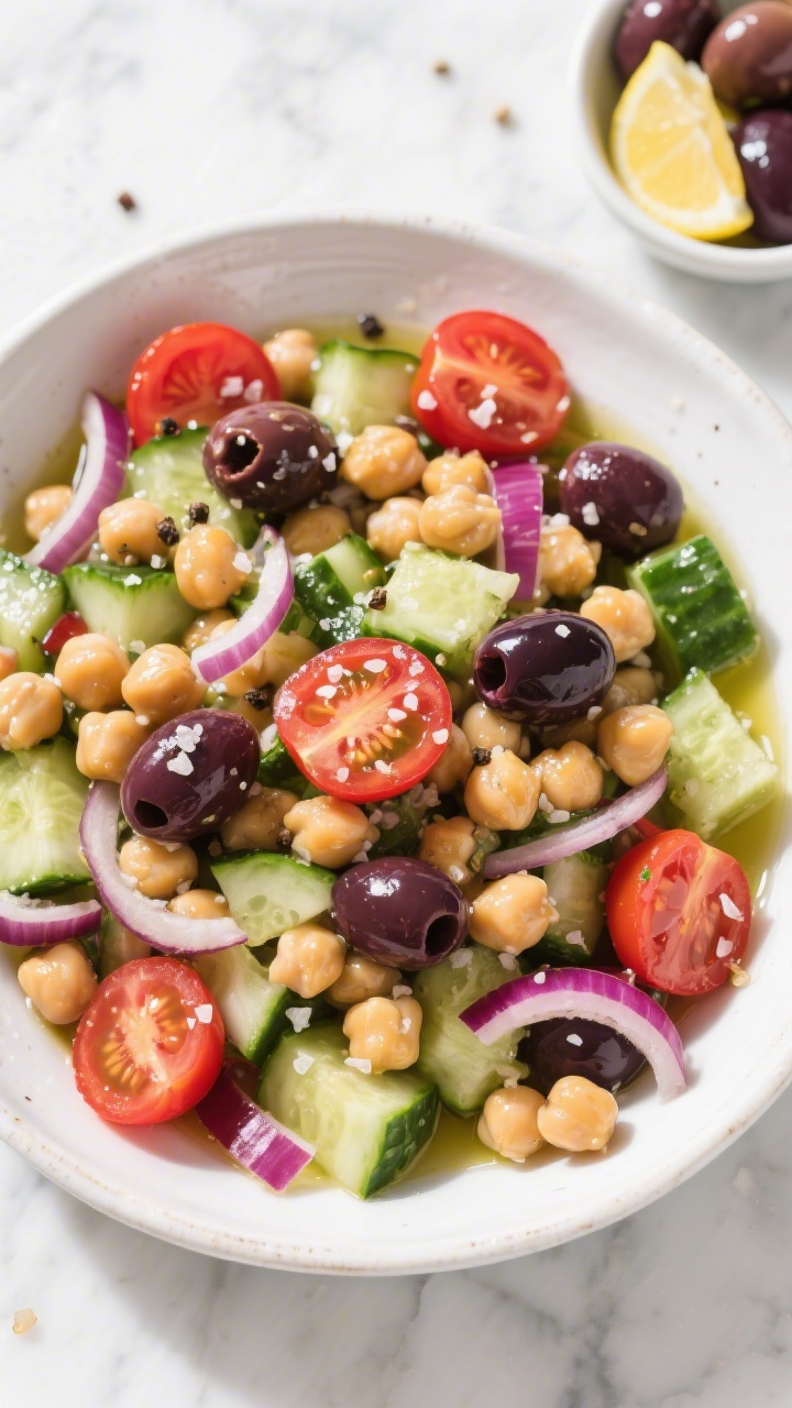 Overhead shot of a zesty market-style Mediterranean chickpea salad in a wide white ceramic bowl: plump chickpeas, chopped English cucumber, halved cherry tomatoes, thinly sliced red onion, and halved Kalamata olives, glistening with olive oil and lemon, sprinkled with flaky sea salt and cracked black pepper; styled on a light marble surface with a small bowl of olives and lemon wedges nearby, bright natural daylight, crisp textures, vibrant reds, greens, and deep purple-black olives, no people.