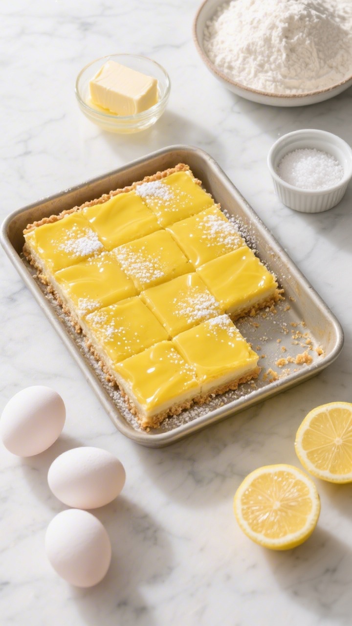 Overhead shot of Classic Bakery-Style Lemon Bars with silky curd: a neat grid of pale-golden shortbread crust topped with glossy, vibrant yellow lemon curd dusted lightly with powdered sugar, clean cuts showing distinct layers. Include key ingredients styled around the pan on a marble surface: a stick of unsalted butter (melted in a small glass), a bowl with granulated sugar for the crust, a ramekin of fine sea salt, a mound of all-purpose flour, four room-temperature eggs, and halved bright lemons; cool daylight, crisp shadows, no people, professional styling.