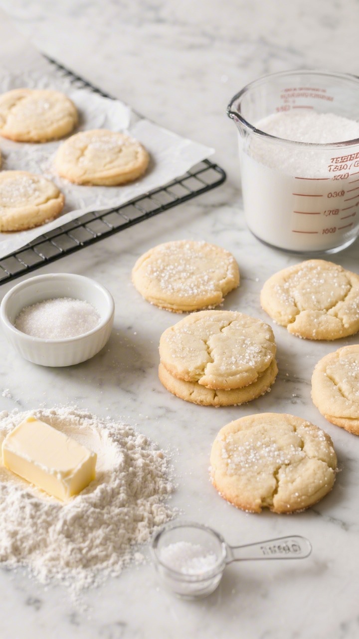 Overhead shot of classic bakery-style soft sugar cookies just out of the oven, thick and pale golden with crackly tops and sparkling sugar crust. Include a small bowl of granulated sugar for rolling, a pile of 2 3/4 cups (345 g) all-purpose flour dusted on the marble surface, a pinch bowl with baking powder and baking soda, and a ramekin of fine sea salt. Show a softened stick of unsalted butter and a measuring cup labeled 1 1/4 cups (250 g) granulated sugar in the background. Cookies are on a parchment-lined sheet, some still on a cooling rack, light bouncing to emphasize the sugar sparkle, no people.