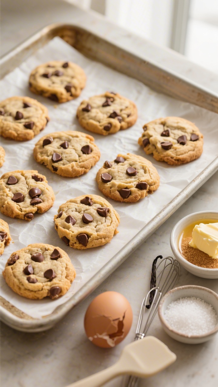 Overhead shot of classic, chewy-in-the-middle chocolate chip cookies cooling on a parchment-lined baking sheet: golden edges with soft, craggy centers, melty semi-sweet chips pooled in the middles. Beside the tray, small bowls hold melted and slightly cooled unsalted butter, granulated sugar, packed light brown sugar, a cracked room-temperature egg, and vanilla, with a whisk and silicone spatula. Warm, neutral tones, natural window light, minimal props, focus on glossy, chewy texture contrast.