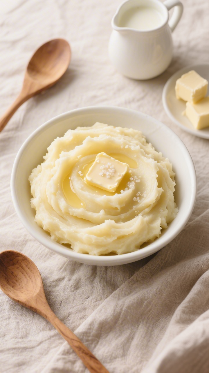 Overhead shot of Classic Creamy Mashed Potatoes in a wide white ceramic bowl, silky and pale golden from Yukon Gold potatoes, with soft pools of melted unsalted butter on top and a light sprinkle of kosher salt; a warm, homestyle mood on a light linen with a wooden spoon resting nearby; include a small pitcher of whole milk and butter cubes off to the side to hint at the ingredients; focus on ultra-smooth texture, slight glossy sheen, no garnishes beyond butter.