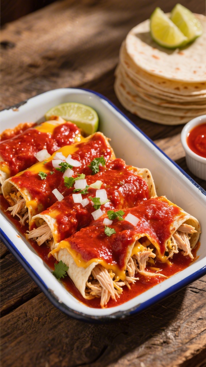 Overhead shot of Red Chile Shredded Chicken Enchiladas plated like a roadside taquería: 6-inch corn tortillas rolled and nestled in a shallow enamel tray, smothered in deep brick-red chile sauce with a glossy sheen, filled with juicy shredded rotisserie chicken and melty Oaxaca/Monterey Jack cheese; sprinkled with finely chopped white onion and chopped cilantro; a few extra tortillas stacked on the side, lime wedges, and a small ramekin of red chile sauce; rustic wooden table, warm natural side light, high contrast to emphasize the red sauce and stretchy cheese, no people.