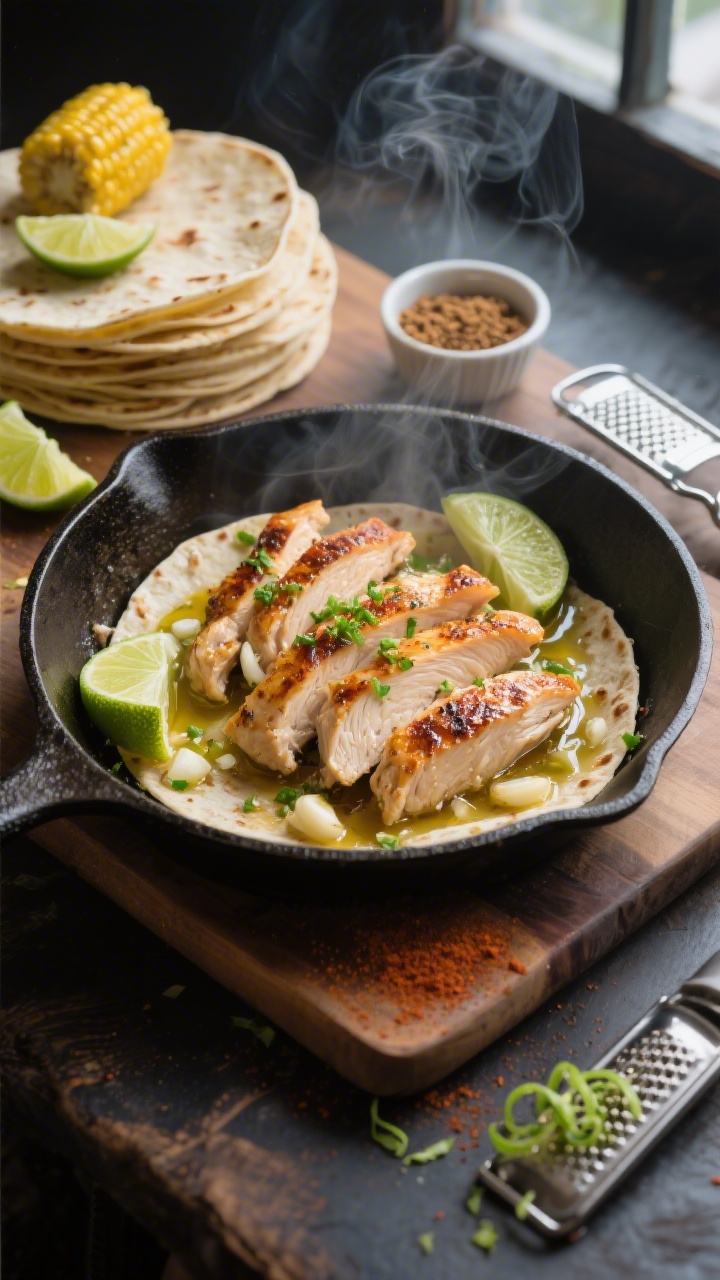 Overhead shot of sizzling lime-garlic chicken taco assembly on a cast-iron skillet and nearby board: thinly sliced chicken thighs seared in 2 tbsp olive oil with visible minced garlic, specks of ground cumin and chili powder, glossy from lime juice with bright green lime zest sprinkled over; warmed corn tortillas stacked, lime wedges, a small ramekin of cumin, and a zester with curls of zest; moody natural window light, steam rising, focus on juicy, caramelized edges of chicken, no people.