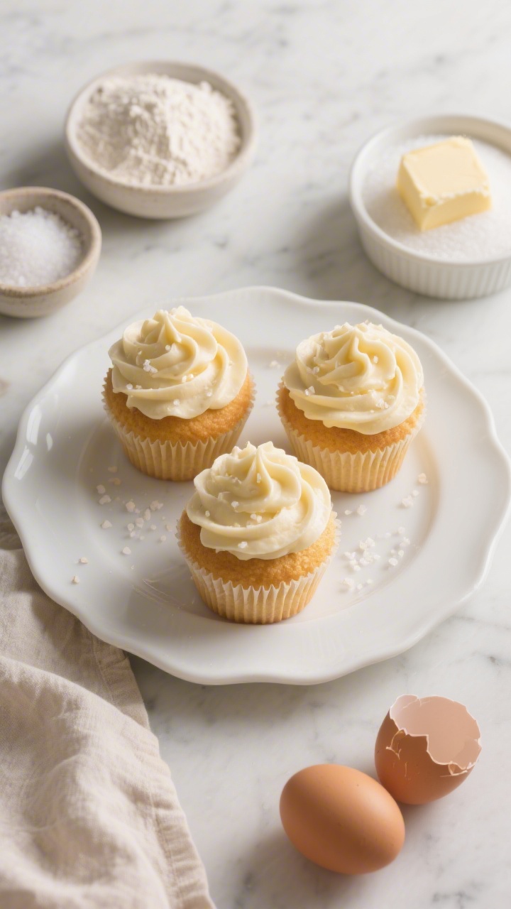 Overhead shot of The Gold-Standard Classic Vanilla Cupcake: a trio of golden, evenly domed vanilla cupcakes on a white ceramic plate, topped with smooth vanilla buttercream swirls and a light dusting of fine sea salt flakes for texture contrast. Surround with small bowls of all-purpose flour, baking powder, fine sea salt, softened unsalted butter, granulated sugar, and two cracked large eggs in a ramekin. Style on a light marble surface with a neutral linen, soft natural window light, clean and classic mood.