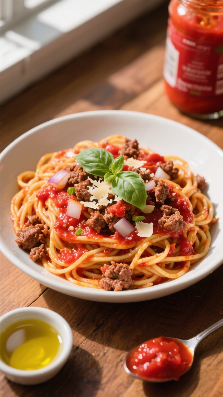 Overhead shot of Weeknight Red Sauce Spaghetti That Beats Delivery: a wide white ceramic bowl piled with glossy spaghetti coated in vibrant red marinara made from a 24-oz jar or crushed tomatoes, studded with crumbled browned ground beef (80–90% lean), finely chopped translucent onion, and minced garlic glistening in olive oil; garnished with fresh basil and a light shower of grated Parmesan; set on a warm wooden table with a small dish of olive oil and a spoonful of red sauce at the edge; natural window light, high contrast, crisp textures of beef crumbles and al dente noodles.