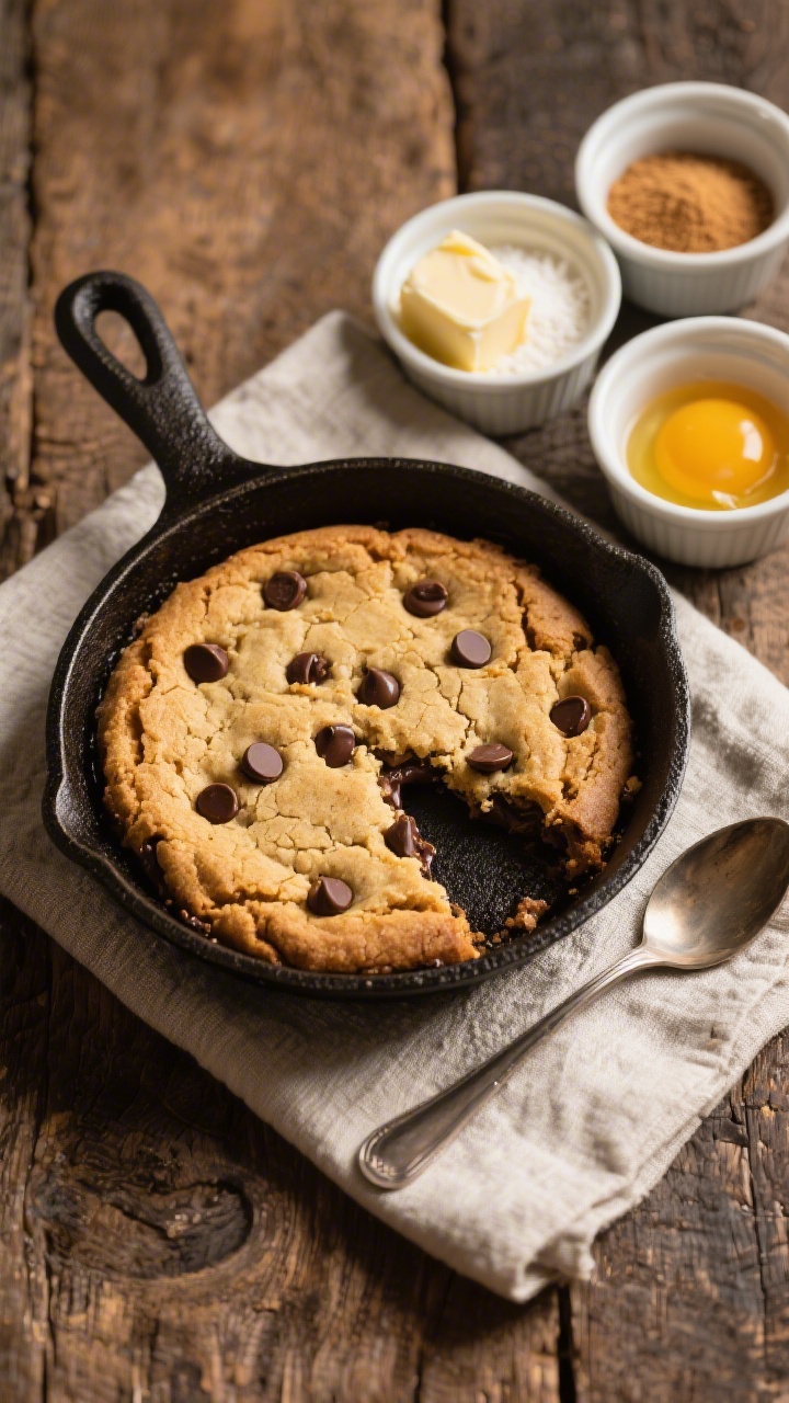 Overhead, small-batch skillet cookie for two baked in an 6–8 inch cast-iron pan: deeply golden top with crackly surface and gooey center, chocolate chips visibly melted. On the side: measured ingredients in tiny ramekins—unsalted butter, granulated sugar, packed light brown sugar, a single egg yolk, vanilla extract, and all-purpose flour. Set on a rustic wooden table with a folded linen and a spoon ready to dig in, emphasizing cozy, shareable mood and professional contrast.