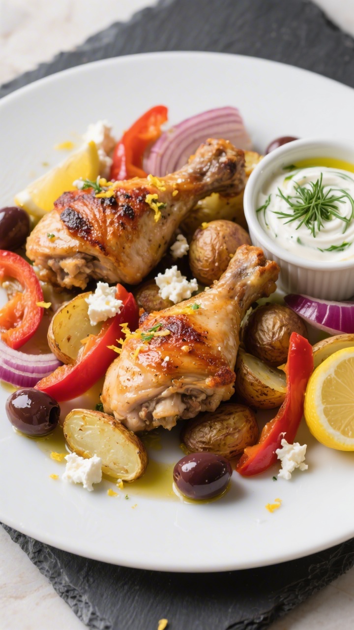 Plated 45-degree angle Mediterranean feast: bone-in, skin-on chicken thighs with crisp skin and roasted halved baby potatoes, scattered with sliced red bell pepper and thick red onion wedges; crumbled feta and a few glossy Kalamata olives over top; lemon zest flecks and a bright drizzle of extra-virgin olive oil and lemon juice; side ramekin of herby yogurt sauce with dill/parsley swirl; served on a matte white platter over a slate board, vibrant, inviting colors.