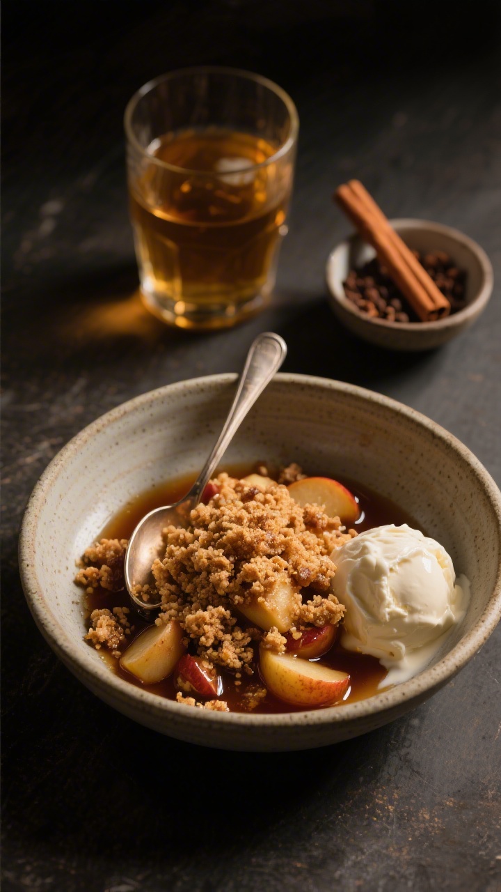 Plated, moody 45-degree shot of Spiked Cider Crumble For Grown-Up Evenings served warm in a shallow stoneware bowl: spooned crumble with tender apples in a glossy apple-cider reduction, notes of bourbon or dark rum, brown sugar richness, and aromatic cinnamon-allspice; a small pour of apple cider in a glass behind, a cinnamon stick and a pinch bowl of allspice nearby; optional vanilla ice cream melting at the edge, soft shadows and low, golden light for an intimate, adult evening vibe.
