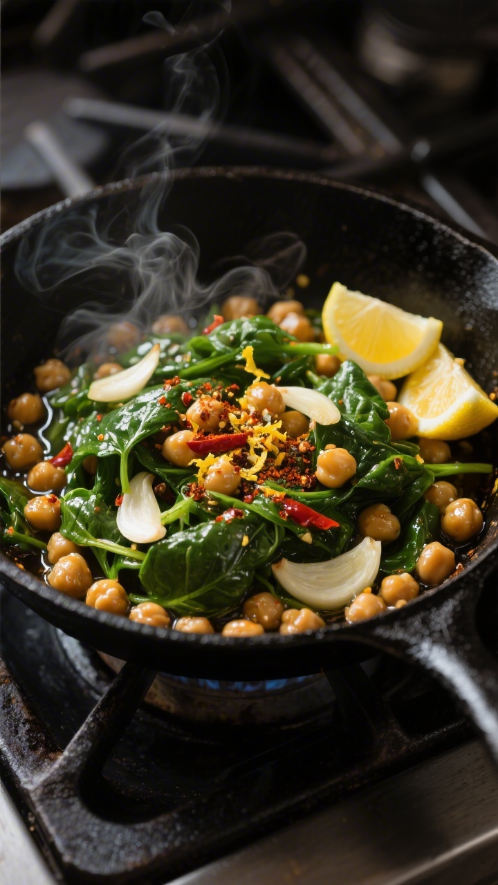 Process-focused overhead skillet shot: warm chickpea salad with spinach, lemon, and garlic in a black cast-iron pan on the stovetop; chickpeas glistening in extra-virgin olive oil with thinly sliced garlic, ground cumin, smoked paprika, and a hint of chili, wilted spinach folded through, steam visible, lemon zest and wedges on the side; moody kitchen light, emphasis on warmth, sizzle, and aromatic spices.