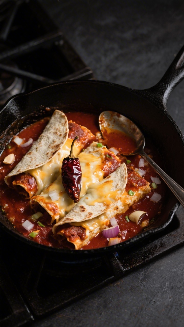 Process-focused skillet scene for Chipotle Skillet Enchiladas: straight-on shot of a black cast-iron skillet on a stovetop, tortillas torn into pieces and simmering with diced onion, minced garlic, visible flecks of adobo sauce and one chopped chipotle, all coated in a rich, smoky tomato-based sauce from a 15-ounce can; pockets of melted cheese starting to form, edges slightly crisping; a spoon resting on the skillet lip with sauce clinging; moody side light, matte dark backdrop to emphasize the deep red-brown chipotle tones, no human hands.