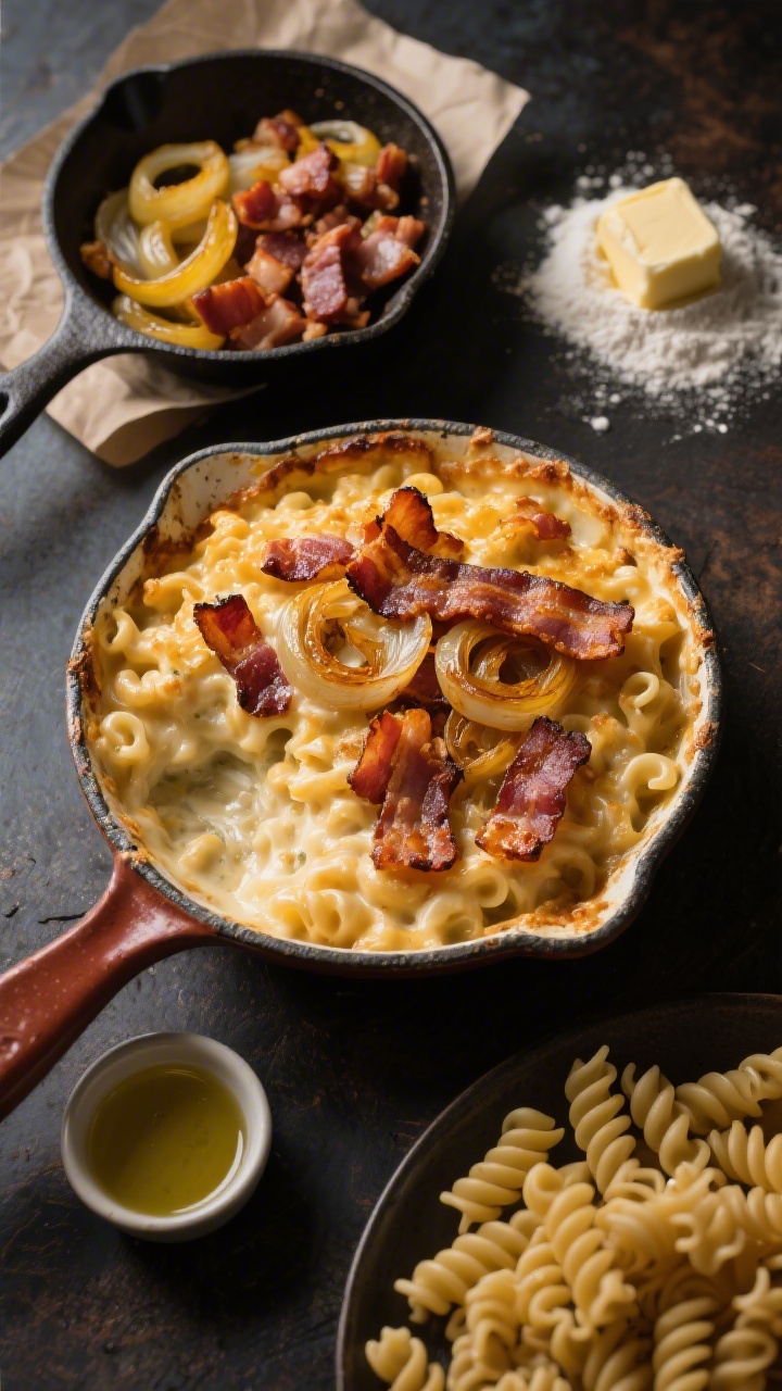Process-plus-final overhead flat lay: Smoky bacon and caramelized onion baked mac and cheese in a rustic enamel pan, topped with crisp bacon shards and deep golden, jammy onions. Around the pan: a small skillet of glistening caramelized yellow onions, chopped thick-cut bacon on parchment, a pat of butter, a dusting of flour, a drizzle of olive oil in a tiny dish, and uncooked cavatappi for context. The baked pasta shows bronzed corners, creamy sauce peeking through, and a smoky, savory aura; warm, moody lighting to emphasize caramelization and bacon crispness.