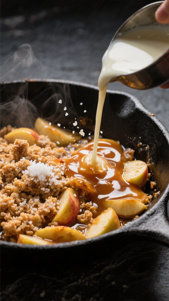 Straight-on action shot of Salted Caramel Skillet Apple Crumble mid-cook: apples sautéing in melted unsalted butter as amber caramel forms around them in a black skillet, visible sugar dissolving with a splash of water, a stream of warm heavy cream being stirred in to create glossy caramel, finishing with a sprinkle of flaky sea salt on top; dramatic side light capturing the sheen of the caramel and the steam, dark slate surface to contrast the rich golden tones.