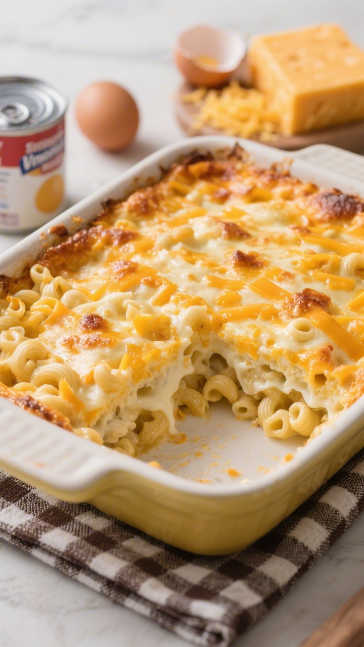 Straight-on casserole reveal: Southern-style baked mac and cheese with a custard base, cut into a clean, structured square showing a tender set interior. The slice highlights the custardy matrix from eggs, evaporated milk, and whole milk, studded with sharp cheddar, Colby (or mild cheddar), and a touch of mozzarella for soft stretch. Top is deeply golden with cheese freckles and slight bubbling at the edges. Presented in a buttered ceramic baking dish on a gingham cloth, with a can of evaporated milk, grated cheese trio, and cracked eggs arranged subtly in the background, evoking homestyle comfort.